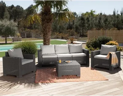 Image de Salon de Jardin Résine Tressée ALLIBERT California, 5 Personnes, Beige, Avec Coussins