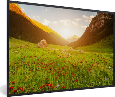 Produktbild von MuchoWow® MuchoWow® Gerahmtes Poster Blumen - Berg - Sonne 60x40 cm - Poster mit zchwarzem Bilderrahmen - Printing - Wanddeko Schlafzimmer