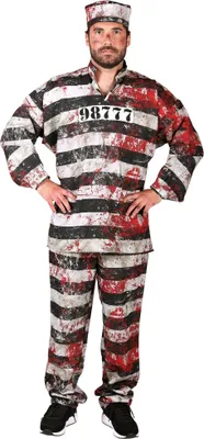 A man wearing a zombie prisoner costume.