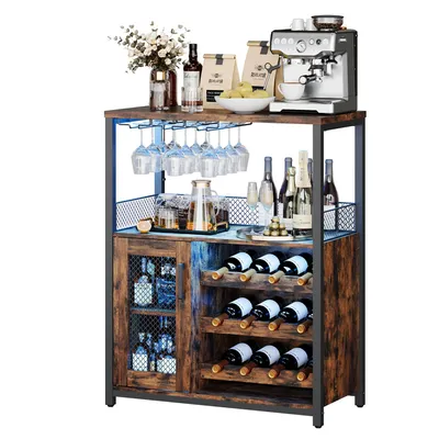 Image de Casier à vin, armoire buffet de bar avec porte verre à vin 3 rangées, casier à vin amovible, porte en verre trempé, buffet de cuisine pour salle à manger marron