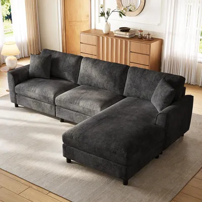 Produktbild von MODFU 3-Sitzer Ecksofa in Wolkenform, Chaiselongue mit umstellbarem Liegeelement links oder rechts, Relaxsofa mit 90 cm breite Liegefläche, Chenille-Eckcouch, Grau