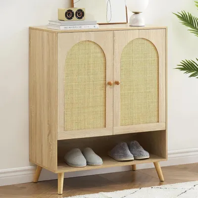 Produktbild von Schuhschrank - Freistehendes Schuhregal - 4 Ebenen - Verstellbarer Einlegeboden - Tür aus Natur-Rattan - Eiche