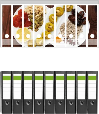 Produktbild von Wallario 9 Stück breite Ordner inkl. Klebeetiketten mit Motive Trockenfrüchten und Nüssen - Gesundes zum Knabbern -  Set mit Rückenschildern / Ordnerrücken Stickern