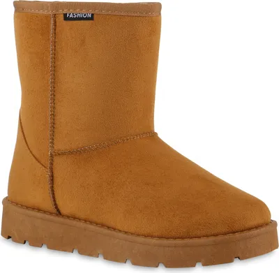 A single brown winter boot is shown against a white background.