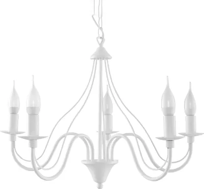 A white chandelier with five candle-shaped lights against a white background.