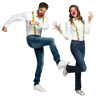 Produktbild von Clown Kostüm Set rot, mit Nase, Hosenträger & Fliege für Karneval Mottoparty