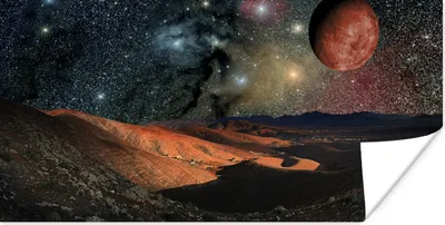 Produktbild von MuchoWow® Poster Eine Illustration einer Planetenoberfläche mit Sternen und Planeten 40x20 cm - Poster für die Wand - Poster Schlafzimmer