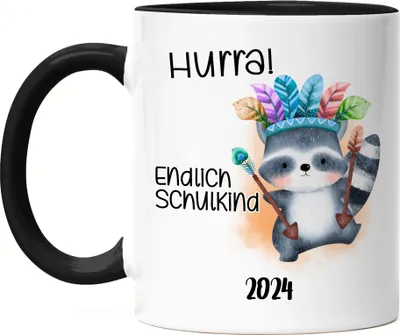 Produktbild von Endlich Schulkind 2024 Waschbär Tasse Schwarz Einschulungs-Geschenk Erstklässler Schulanfang