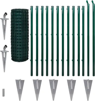 A set of fence posts, wire mesh, and stakes for a garden fence.