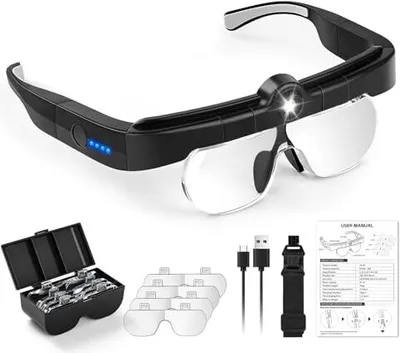 Produktbild von NZQXJXZ Lupenbrille mit Licht LED Kopfbandlupe USB Charge, 3 Einstellbare Farbtemperaturen, Kopflupe für Juweliere, Lesen, Ältere Menschen, 5 Linsen