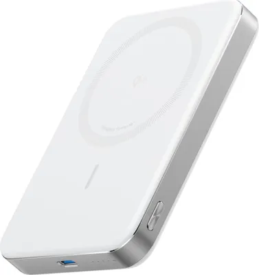 A white and silver Anker MagGo Powerbank is shown from a slightly elevated side angle against a white background.