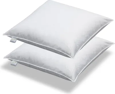 Two white pillows are stacked on top of each other against a white background.