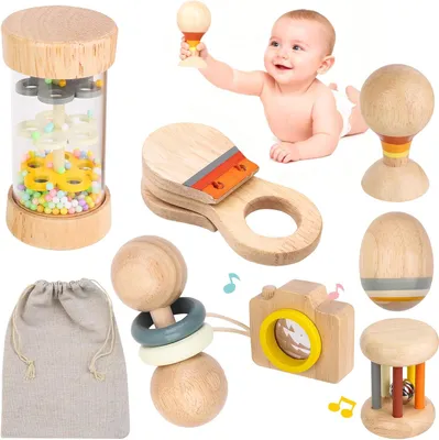 Image de Jouets en bois Montessori pour bébé - Ensemble de 7 jouets sensoriels - 0-12 mois
