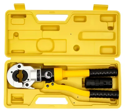 Immagine prodotto di Pinza a crimpare - Pinza manuale per crimpatura - Inserti TH da 1,6, 2,0, 2,5, 3,2 cm - Acciaio Cr40 - Per tubi in acciaio rivestiti di alluminio e PEX - Colori: giallo, argento, nero