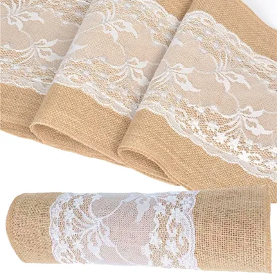 Imagen del producto de Mantel individual de yute con encaje, de 30 cm x 10 metros, para la decoración de la mesa