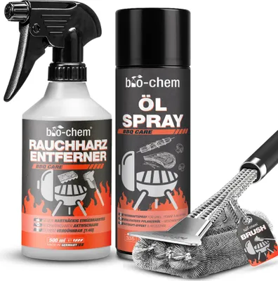 Produktbild von bio-chem Rauchharz-Entferner 500 ml - Backofen- und Grillreiniger Konzentrat + Öl-Spray + Grill-Bürste mit Schaber für Gasgrill, Edelstahl, Gusseisen u.v.m. - Extra gegen hartnäckige Ablagerungen