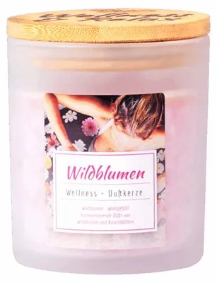 Image de Bougies parfumées Wellness de Candle Factory, dans un verre satiné avec un couvercle en bambou, fabriquées à partir de stéarine végétale, durée de combustion d'environ 30 heures, parfum : fleurs sauvages