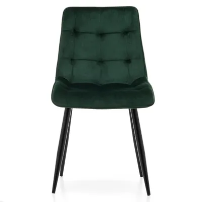 A green upholstered dining chair with tufted detailing and black metal legs, shown from the front on a white background.