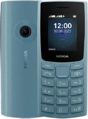 A blue Nokia feature phone is shown from the front and side.