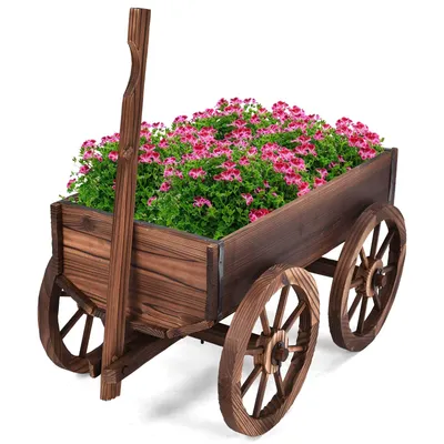 Produktbild von GOPLUS Blumenkasten mit Wagenrad, Pflanzkasten aus Massivholz, Hochbeet mit Griff, Blumentrögen mit Belüftungslöchern für Garten Balkon & Terrasse
