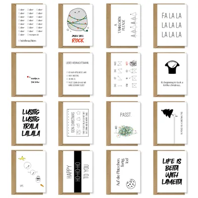 Produktbild von PuK Weihnachtskarten Set mit Umschlägen | 16 Weihnachtskarten DIN A6 | Lustige Postkarten mit weihnachtlichen Motiven | Weihnachtskarten-Set schlicht