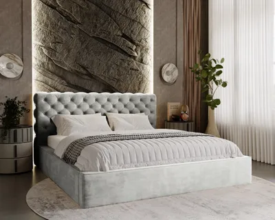 Obrázek produktu pro Čalouněná postel Chesterfield 140x200 cm Ali – manželská postel s úložným prostorem, rošt – samet, glamour – světle šedá