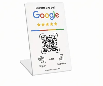Produktbild von Google Bewertungs Aufsteller mit QR Code - Kontaktloser Review Stand - NFC Karte Tischaufsteller für Restaurant, Friseur, Arzt, Hotel & Unternehmen