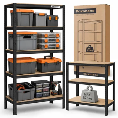 Zdjęcie produktu dla Pakobene | Regał metalowy czarny 180 × 90 × 40 cm – 5 półek MDF – udźwig 875 kg – magazynowy warsztatowy