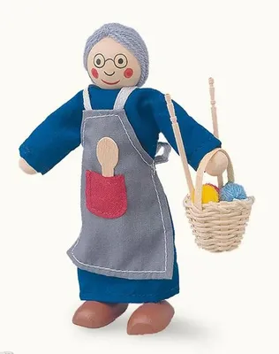 Produktbild von Holz-Biegepuppe Oma Gerda 12cm – Puppenhausfigur mit Strickkorb Kochlöffel