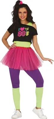 A woman modeling an 80s-themed disco fitness outfit.