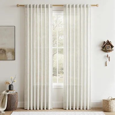 Zdjęcie produktu dla Zasłony 200 x 140 cm, zestaw 2 sztuk, półprzezroczyste, beżowe, wygląd lnu, do salonu