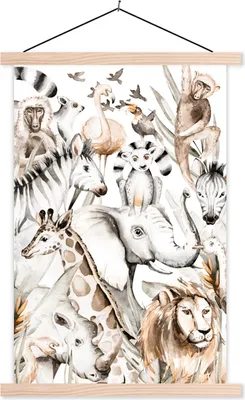 Produktbild von MuchoWow® Textilposter Aquarelle - Tiere - Dschungel - Pastell - Jungen - Mädchen - Kinder 120x180 cm mit holzfarbenen Rahmen - Textil-Plakat