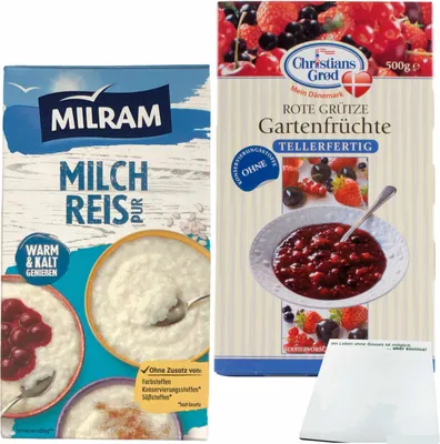 Produktbild von Milram Milchreis pur (1kg Packung) & Chr.Grod Grütze Gartenfrüchte (500g Packung) + usy Block
