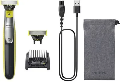 Productafbeelding van Philips OneBlade gezichtshaarapparaat, model QP2734/31, met 2 mesjes, 5-in-1 opzetstuk, oplaadbaar (60 minuten), en een etui