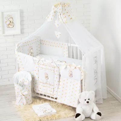 Produktbild von HAPPY 19 Teiliges Babybett Kinderbett und Bettwäsche komplett Set höhenverstellbar für Neugeborene Babys und Kleinkinder (Golden)