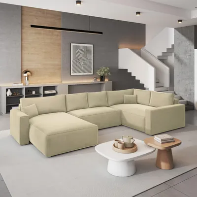 Produktbild von Masseno Ecksofa VELAMI R-S mit Schlaffunktion U-Form, Sofa mit Bettkasten, Wohnzimmersofa, Couch, Soffa, Bettsofa, Couchgarnitur- Creme, MONOLITH 04