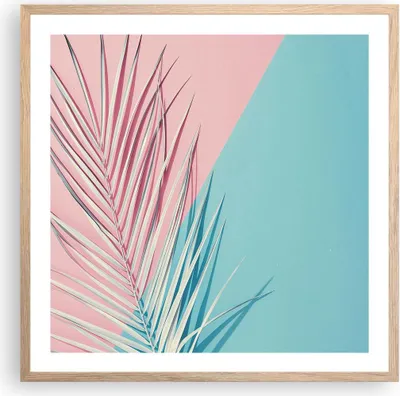 Produktbild von Gerahmtes Poster - Rahmen in heller Eiche - Blatt Rosa Türkis - 60x60 cm - Wand Bild - Wanddeko - Wandbilder - Kunstposter - Wandposter - Bilderrahmen - Bilder - Kunstdruck - P2NAC60x60-4421