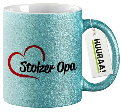 Produktbild von Huuraa Glitzertasse Stolzer Opa Herz 330ml Blau Keramik Kaffeebecher Geschenkidee