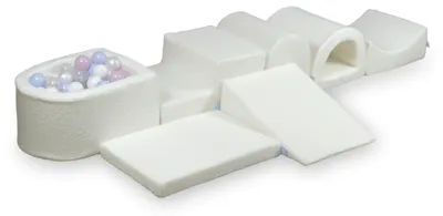 Produktbild von Der größte Schaumstoffspielplatz mit einem weißen Mikro-Bouclé-Pool, 100 Bälle: transparent, weiß, perlmutt, hellrosa perlmutt, hellblau perlmutt