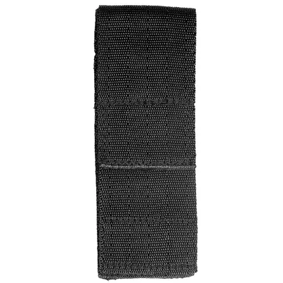 A black fabric strap with stitching, isolated on a white background.