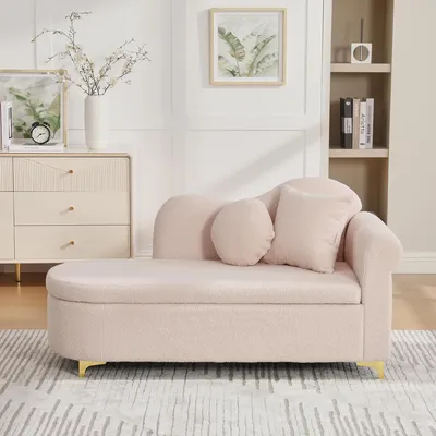 Produktbild von MODFU Chaiselongue Freizeitsofa Einzelsitz mit Lendenkissen und Nackenkissen Rückenlehne in Wellenform mit Stauraum Für kleine Wohnungen geeignet Hellrosa