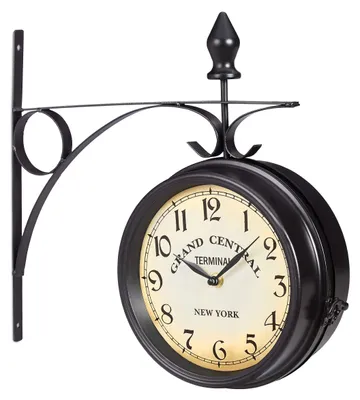 Doppelseitige Retro-Wanduhr Bahnhofsuhr 35x35x10 cm schwarz