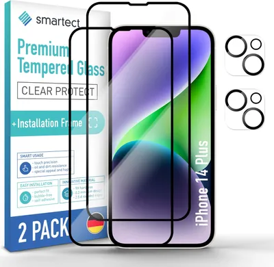 Produktbild von 2x Schutzglas Full Screen für iPhone 14 Plus Anbringhilfe + 2x Kameraschutz Glas