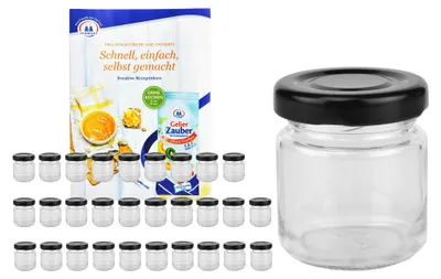 A set of small glass jars with black lids and a recipe booklet.