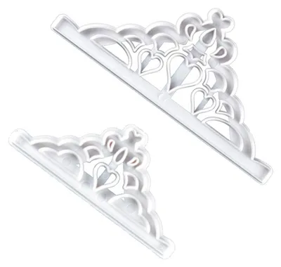 Two white plastic tiara-shaped cookie cutters are shown against a white background.