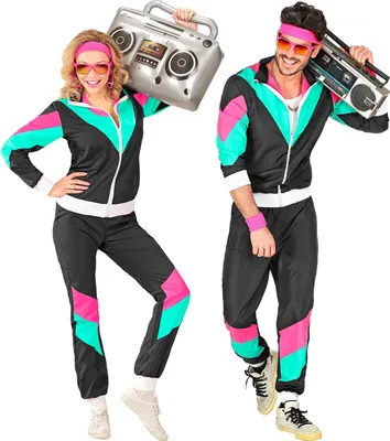 A man and a woman posing in 80s-style tracksuits, each holding a boombox.