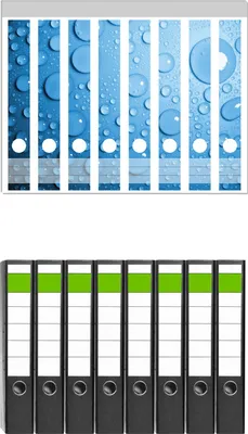 Produktbild von Wallario 8 Stück schmale Ordner inkl. Klebeetiketten mit Motive Wassertropfen auf Blau -  Set mit Rückenschildern / Ordnerrücken Stickern