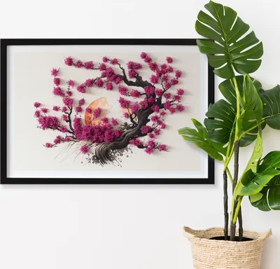 Produktbild von Moosbild mit Konserviertem Moos 3D Wandbild - 60x40 cm - Schwarzer MDF-Rahmen - Kirschbaum