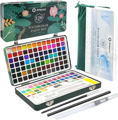 Produktbild von Artecho Aquarellfarben Wasserfarben Set - 128 Farben mit Pinseln und Zubehör - Inkl. Metall- und Neonfarben - Für Künstler, Hobbymaler & Einsteiger