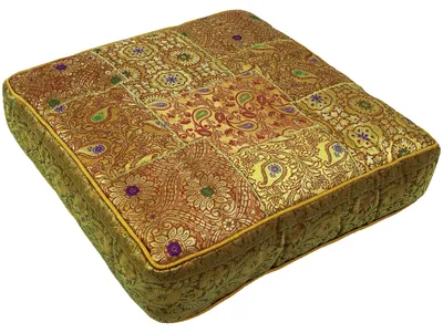 Produktbild von Orientalisches Eckiges Patchwork Kissen 40 cm, Sitzkissen, Bodenkissen mit Baumwollfüllung - Gold, Grün, Viskose, Zierkissen, Dekokissen, Sofakissen